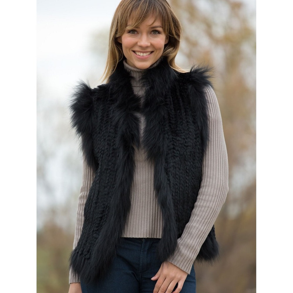Overland Womens Mob Wife Luxury‎ Rex Rabbit Raccoon Fur Vest Black Size XS